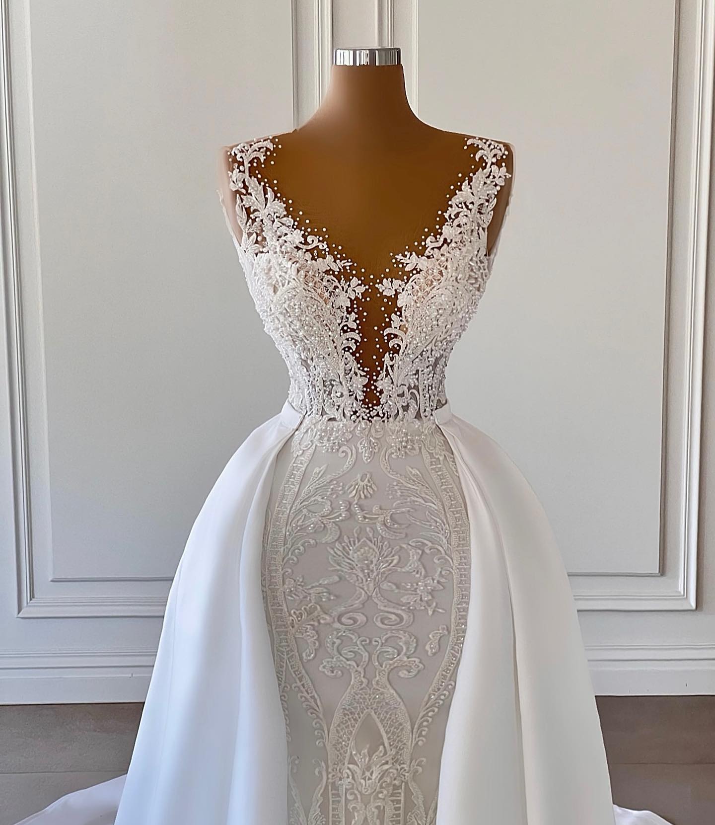 Elegant Mermaid Lace Wedding Dress With Detachable Train Beaded Applique Bridal Gowns Arabic Dubai Custom Made vestidos de novia