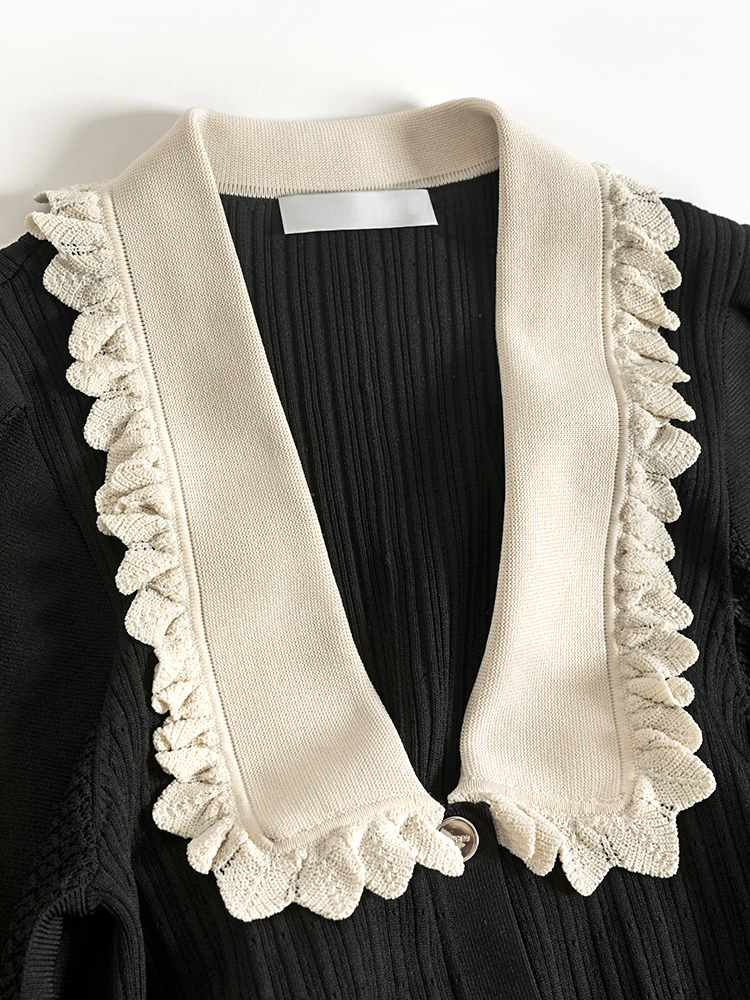 Casual Dresses IOO Viscose Fitted Sweater Frilled Statement Collar Long Sleeve Knitted Midi French Pairs Fashion Sandro 221117