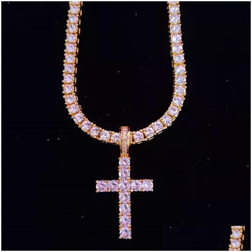 Pendant Necklaces Pendant Necklaces Men Women Hip Hop Cross Necklace With 4Mm Zircon Tennis Chain Iced Out Bling Hiphop Jewelry Fash Dh67A