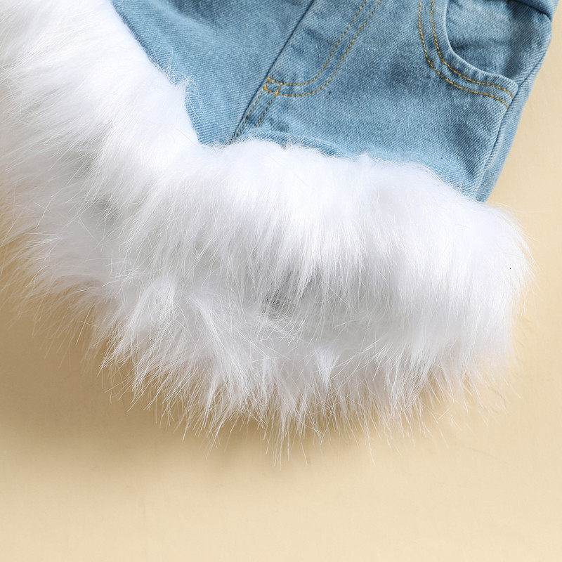 Clothing Sets 0 4Y Kids Girls Autumn Clothes Set Baby Off Shoulder Long Sleeve Plush Tops Fur Trim Denim Short Pants Toddler Fashion Outfits 221118