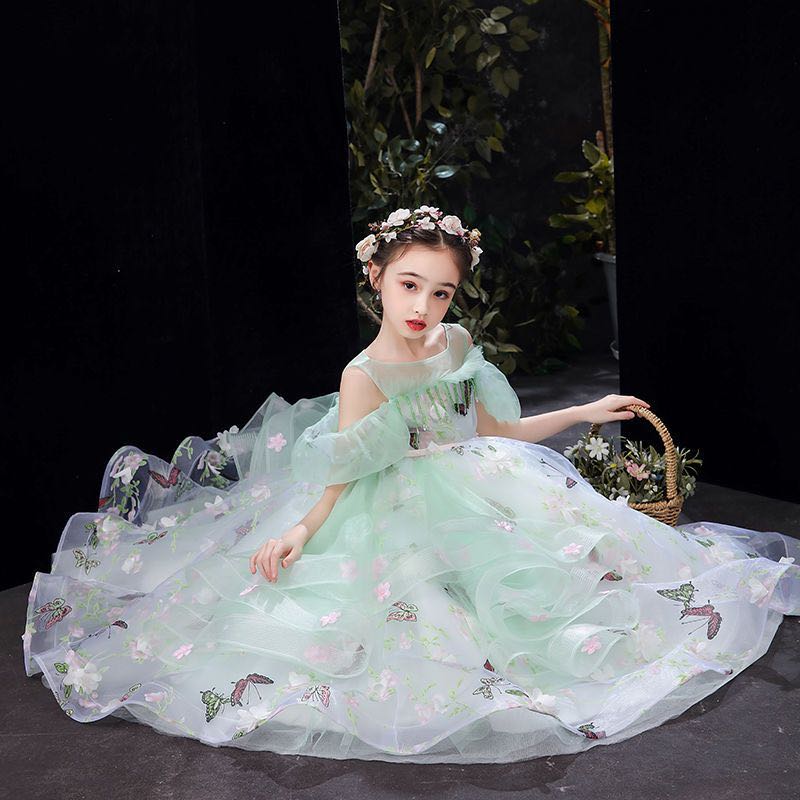 Flower Girl Dresses Western Garden Weddings Sheer Cap Sleeve Appliqued With Lace-Up Back Toddler Kids Tutu Birthday Dress 403