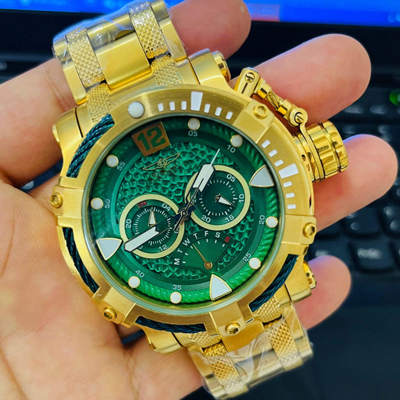 Sports Calendar Men's Quartz Watch Waterproof World Time Full function All hands can operate 57MM gold large dial INVICTO Reserve Bolt Zeus 
Sports Calendar Men's Quartz Watch Waterproof World Time Full function All hands can operate 57MM gold large dial INVICTO Reserve Bolt Zeus