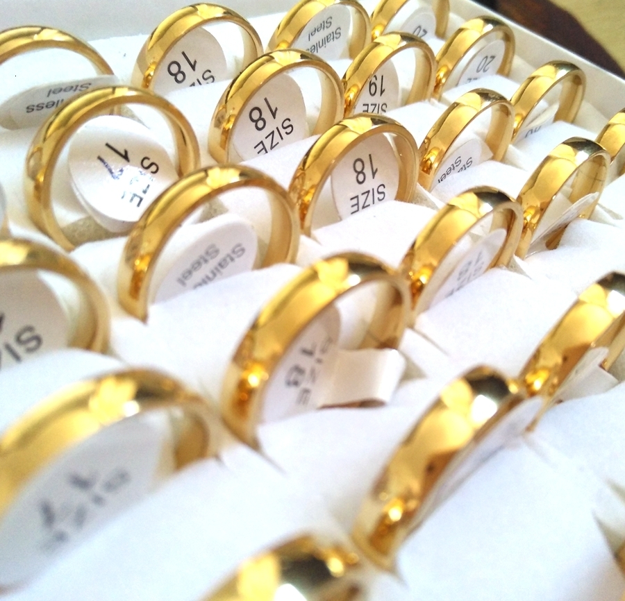 Band Rings Bulk Lots 50PCS Gold Plate 4mm Couple Stainless Steel Fashion Lover's Wedding Jewelry Anniversary Gift Wholesale 221119