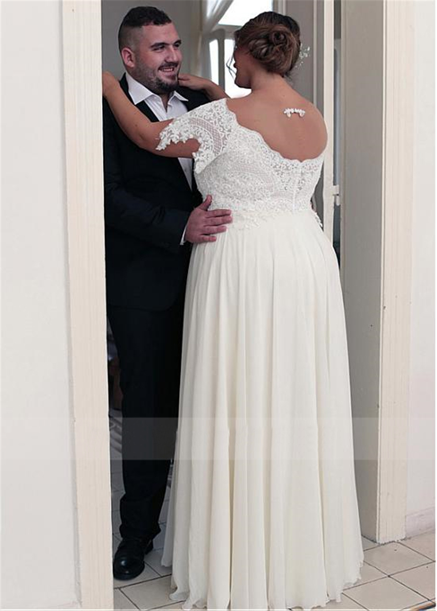 Unique Chiffon Jewel Necke A-e Plus Size Wedding Dresses With Beaded Lace Appliques Short Sleeves Bridal Gown