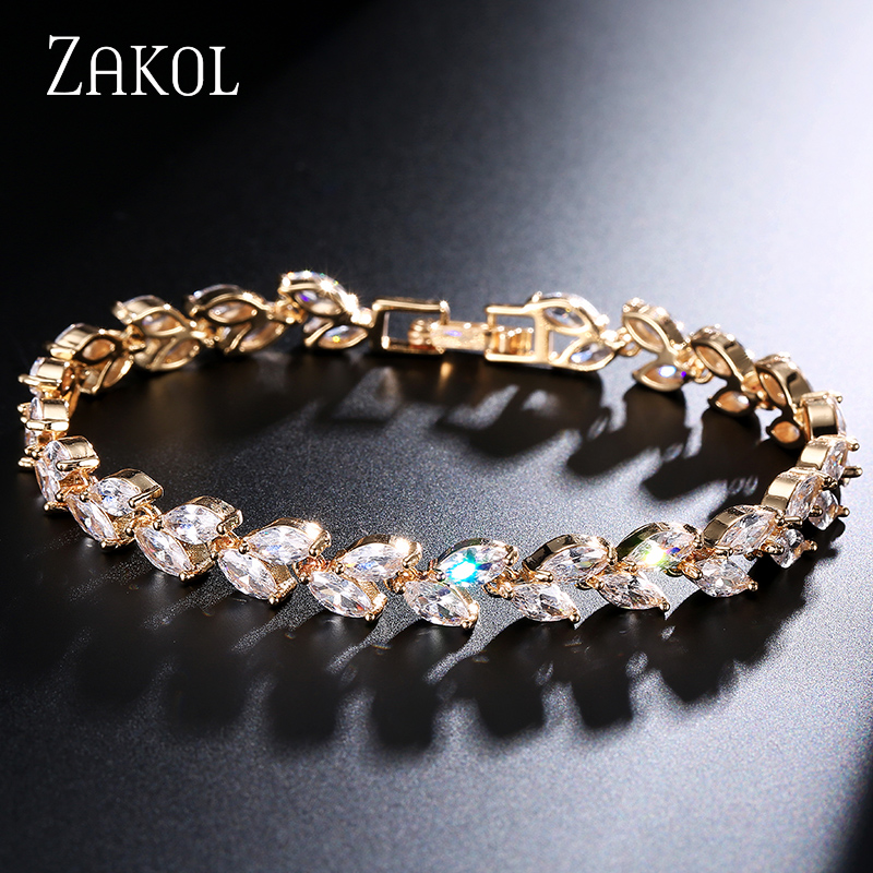 Marquise Cut Cubic Zirconia Bracelets for Women Fashion Sliver Color CZ Leaf Bridal Wedding Party Jewelry