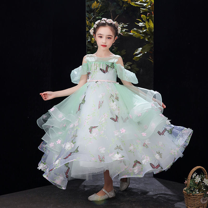 Flower Girl Dresses Western Garden Weddings Sheer Cap Sleeve Appliqued With Lace-Up Back Toddler Kids Tutu Birthday Dress 403