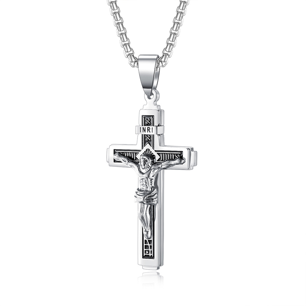 Jesus Cross Pendant Necklace Gold/Black Gun Plated Stainless Steel Fashion Religious Jewelry for Women Men