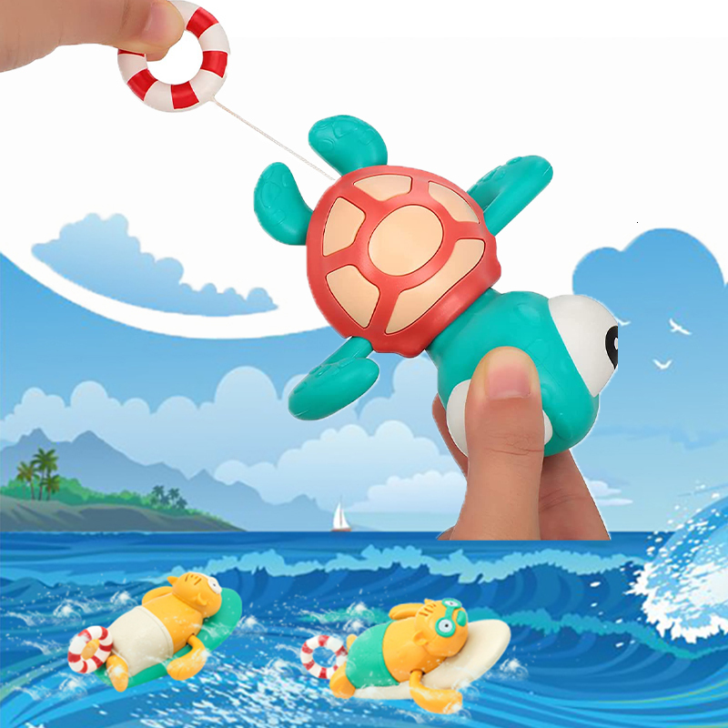 Bath Toys Pull String Baby Toy Go Sea Turtle Cute Surfing Swimming Beaver Windup Clockwork tub No Battery Needed for Toddler 221118