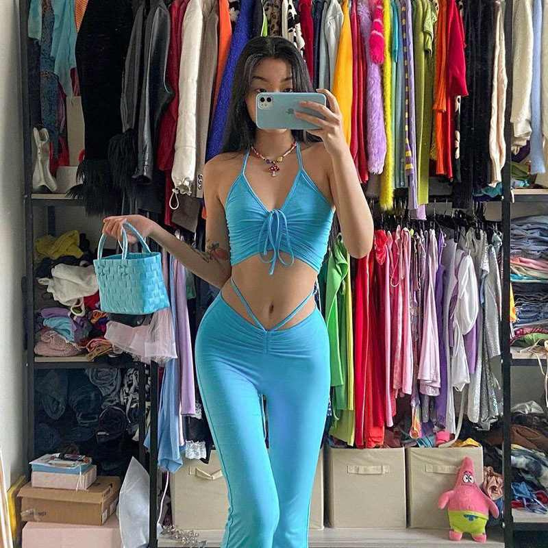Women Two Piece Pants Y2K Streetwear Sexy Bandage Blue Co ord Suits 2000s Fashion Drawstring Halter Top and High Waist Flare 2 Set 221119, Green
Women Two Piece Pants Y2K Streetwear Sexy Bandage Blue Co ord Suits 2000s Fashion Drawstring Halter Top and High Waist Flare 2 Set 221119, Green