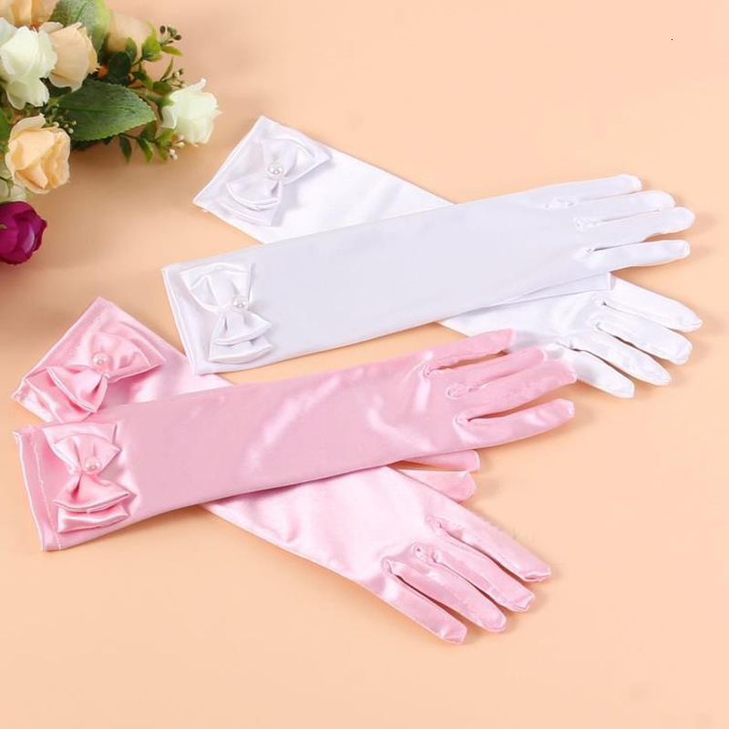 Children s Finger Gloves Long Satin For Flower Girls White Charm Birthday Party Kids 221118