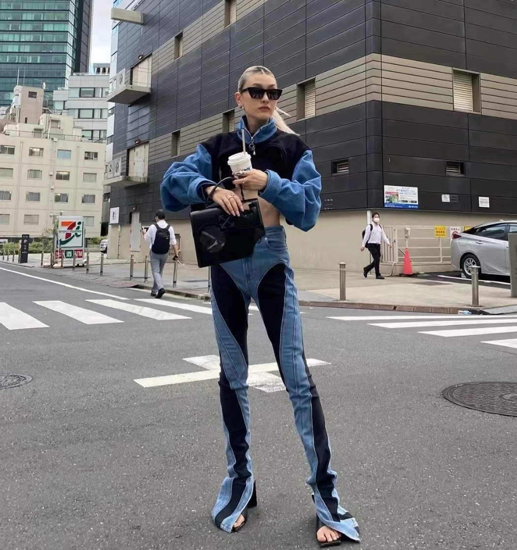 Women's Jeans Women's Spiral TwoColor Spliced Stretch High Waisted Skinny Jeans Leisure Trouser Leg Slit Long Micro Pull The Floor Jeans SL 