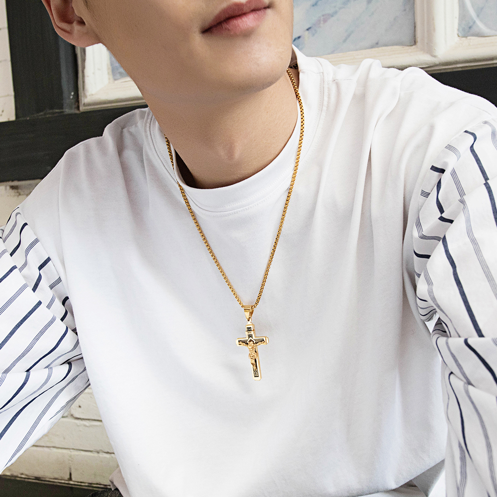 Jesus Cross Pendant Necklace Gold/Black Gun Plated Stainless Steel Fashion Religious Jewelry for Women Men