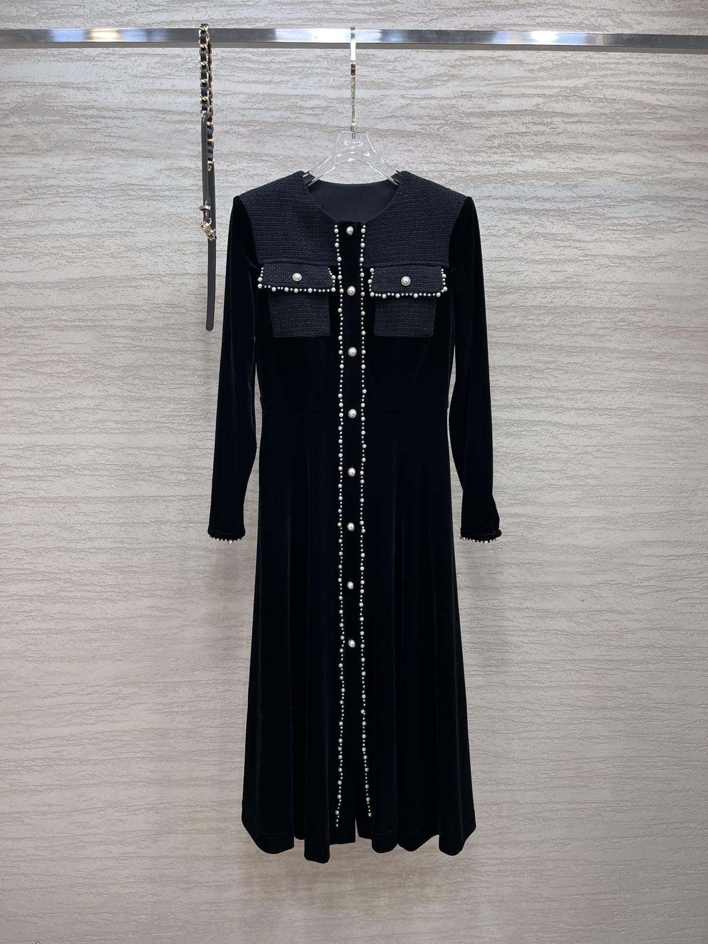 

Casual Dresses Luxury designer designed Korean velvet custom velvet fabric splicing wool cloth beading dress, Multi