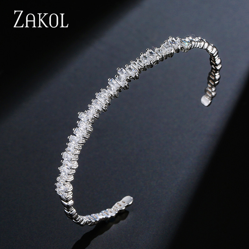 Fashion T Cubic Zirconia Cuff Bangles for Women Trendy Baguette Men Open Bracelet Bangle Geometry Girl Party Jewelry