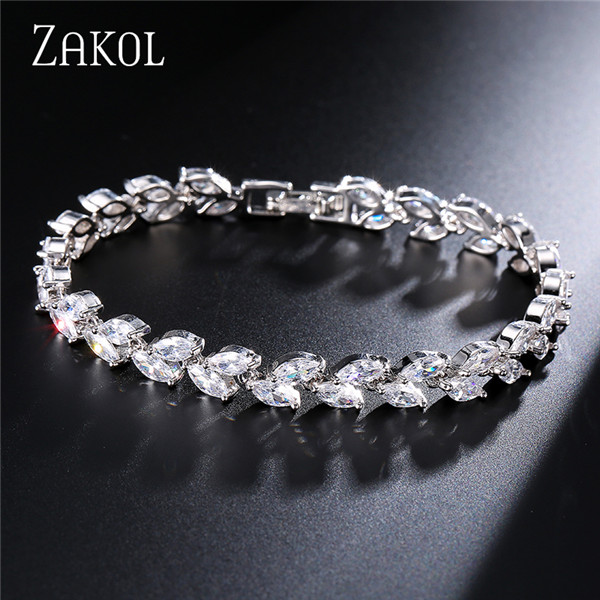Marquise Cut Cubic Zirconia Bracelets for Women Fashion Sliver Color CZ Leaf Bridal Wedding Party Jewelry