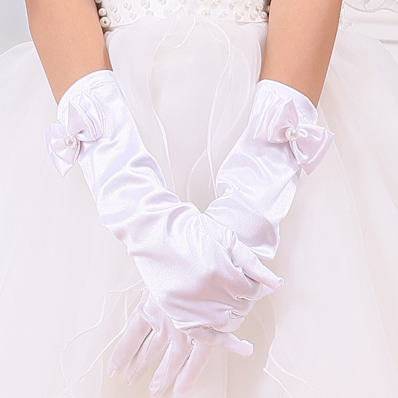 Children s Finger Gloves Long Satin For Flower Girls White Charm Birthday Party Kids 221118
