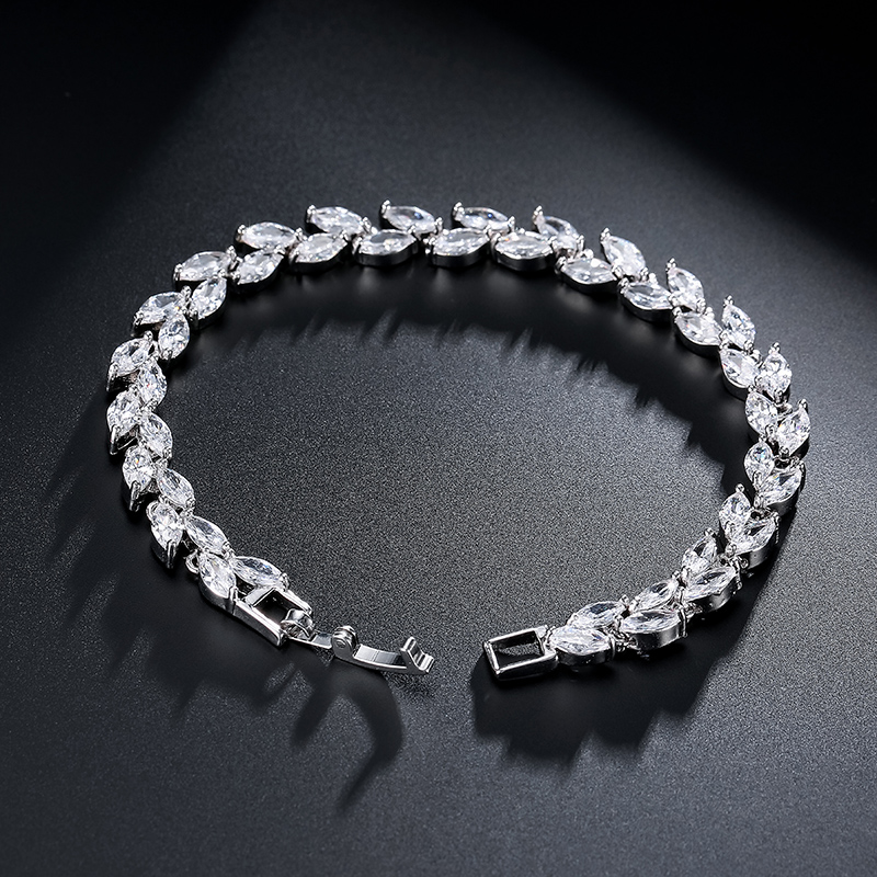 Marquise Cut Cubic Zirconia Bracelets for Women Fashion Sliver Color CZ Leaf Bridal Wedding Party Jewelry