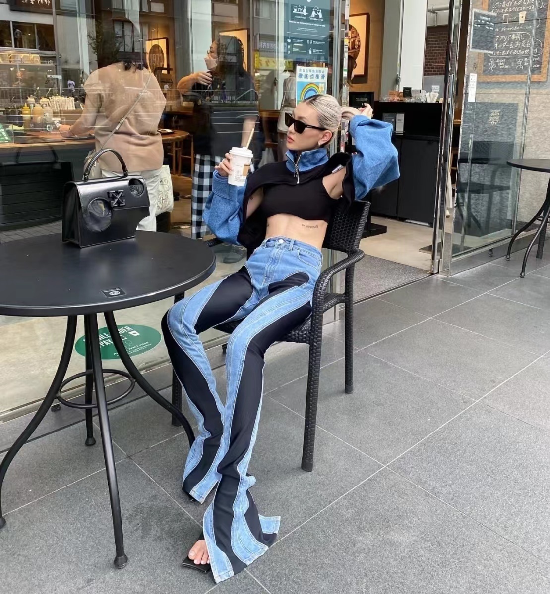 Women's Jeans Women's Spiral TwoColor Spliced Stretch High Waisted Skinny Jeans Leisure Trouser Leg Slit Long Micro Pull The Floor Jeans SL 