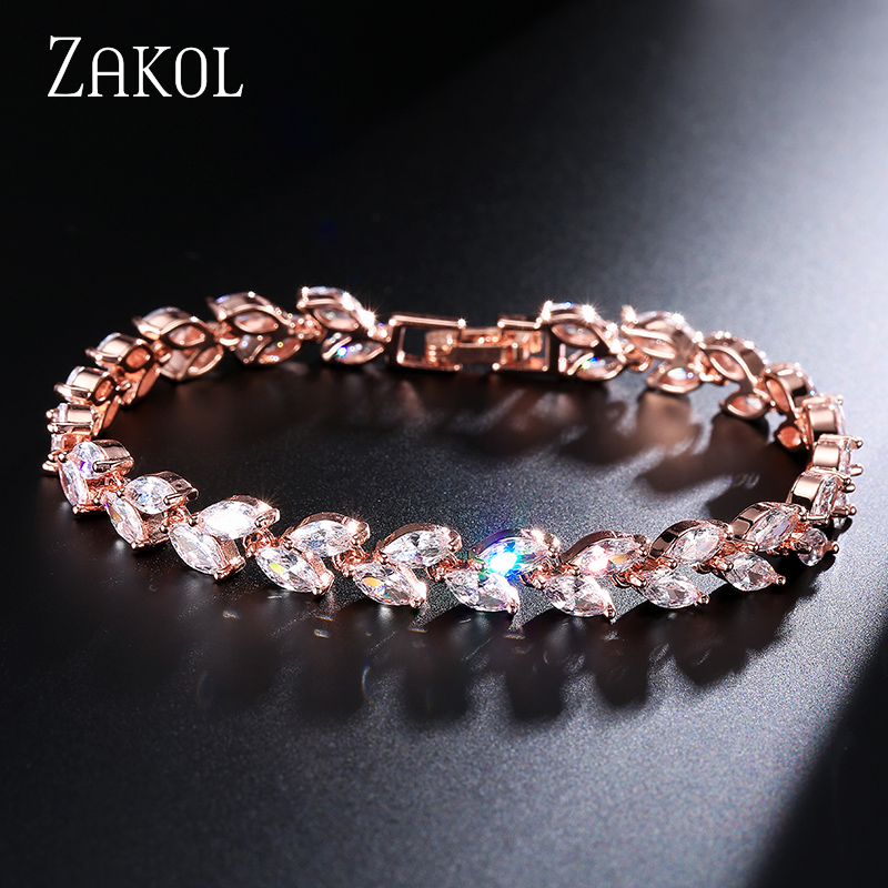 Marquise Cut Cubic Zirconia Bracelets for Women Fashion Sliver Color CZ Leaf Bridal Wedding Party Jewelry