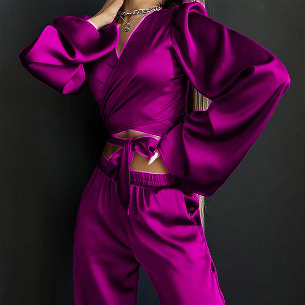 Women Two Piece Pants Fashion V neck Autumn Ladies Outfit Solid Satin Set Cross Lace Up Cropped Long Sleeve Tops Wide Leg Suits 221119, Blue
Women Two Piece Pants Fashion V neck Autumn Ladies Outfit Solid Satin Set Cross Lace Up Cropped Long Sleeve Tops Wide Leg Suits 221119, Blue
