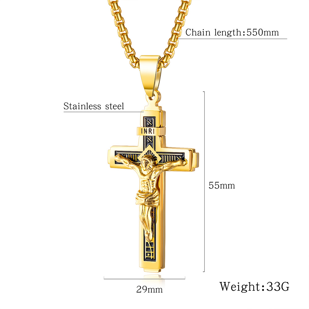 Jesus Cross Pendant Necklace Gold/Black Gun Plated Stainless Steel Fashion Religious Jewelry for Women Men