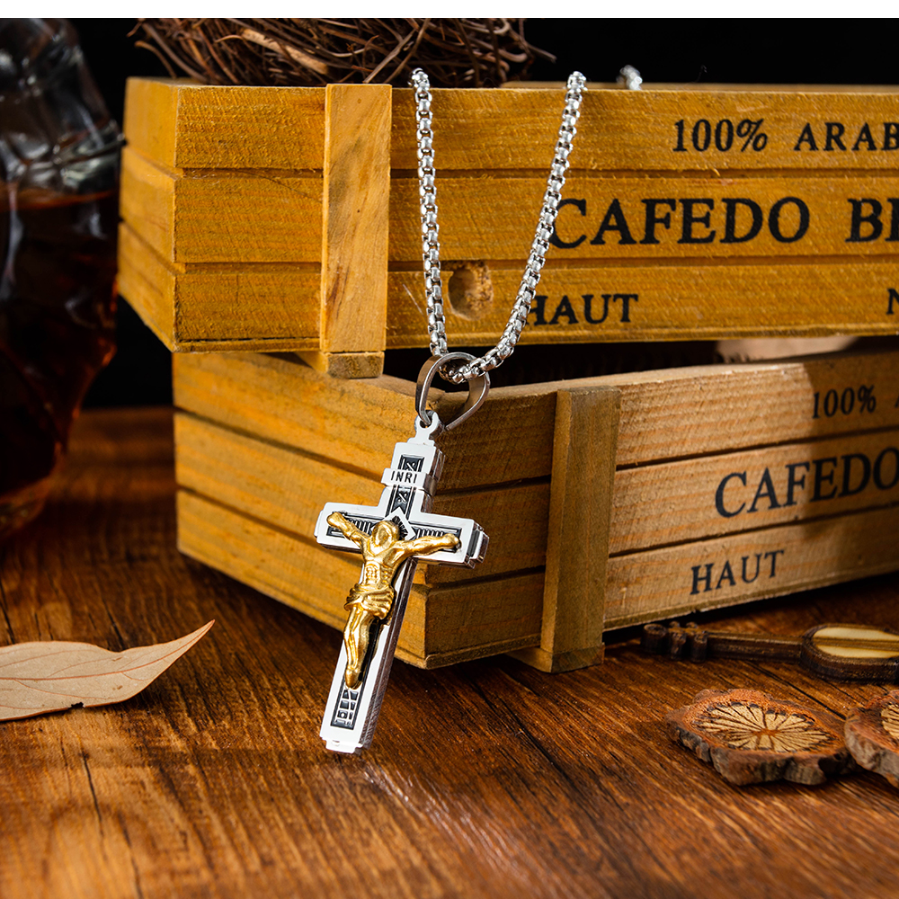 Jesus Cross Pendant Necklace Gold/Black Gun Plated Stainless Steel Fashion Religious Jewelry for Women Men