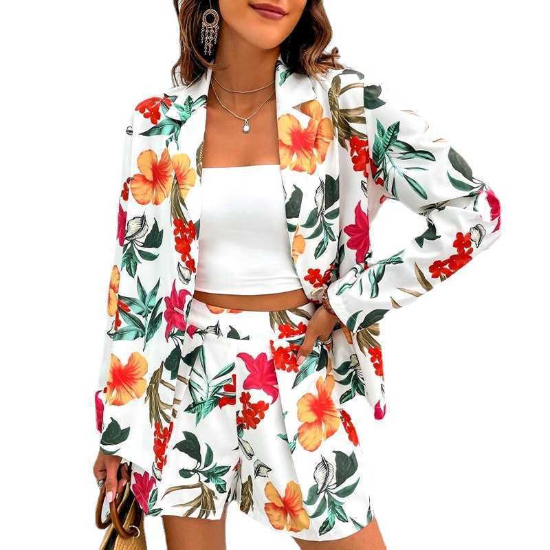 Womens Two Piece Pants Summer Two Piece Sets Women Fashion Slim Floral Print Jacket Suit and Shorts Sets Ladies Office Work 2 Piece Suit Outfits T2210