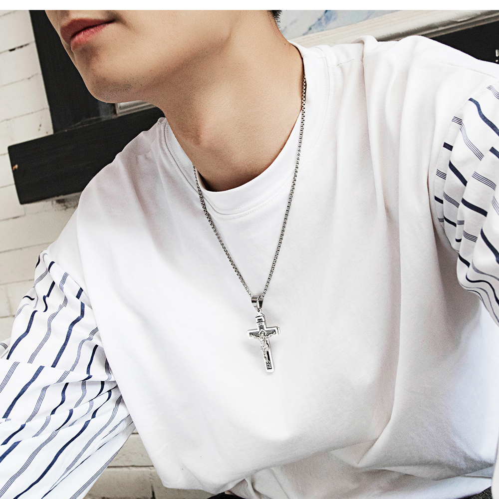 Jesus Cross Pendant Necklace Gold/Black Gun Plated Stainless Steel Fashion Religious Jewelry for Women Men