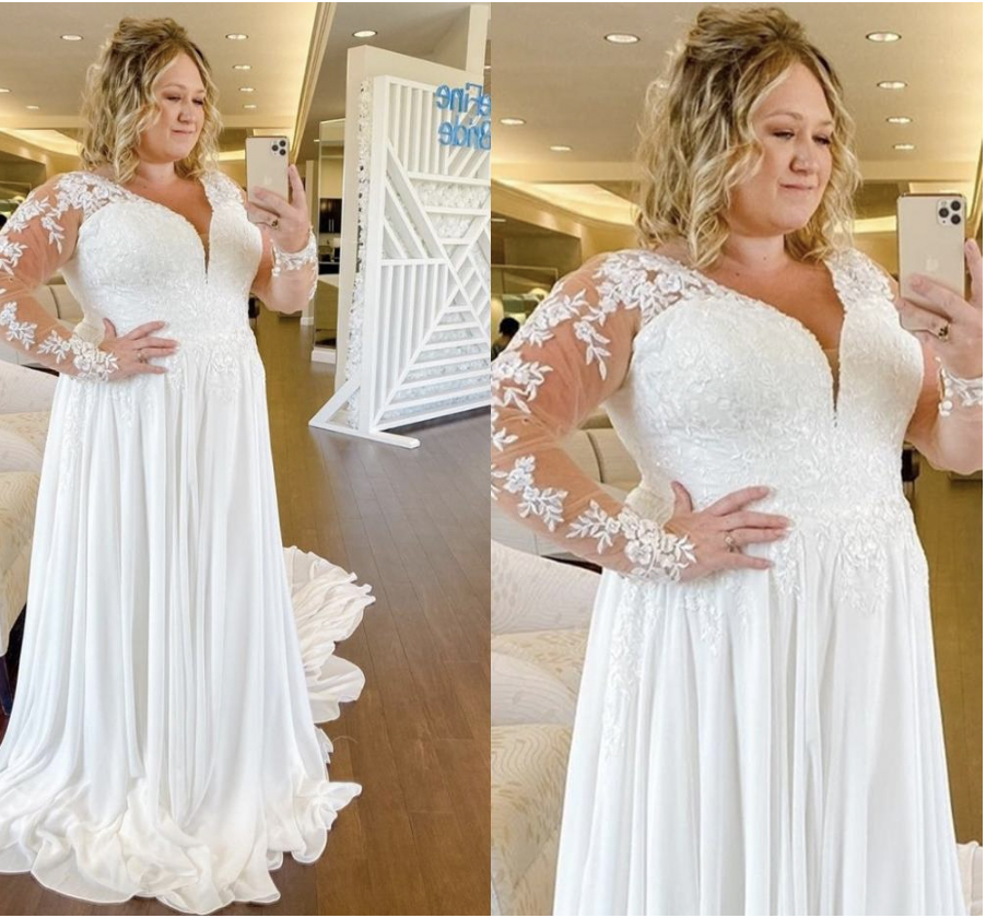 Plus Wedding Dress Elegant Chiffon Royal Train Long Sleeve Lace Appliques V-neck Bridal Gowns Simple Large Size for women