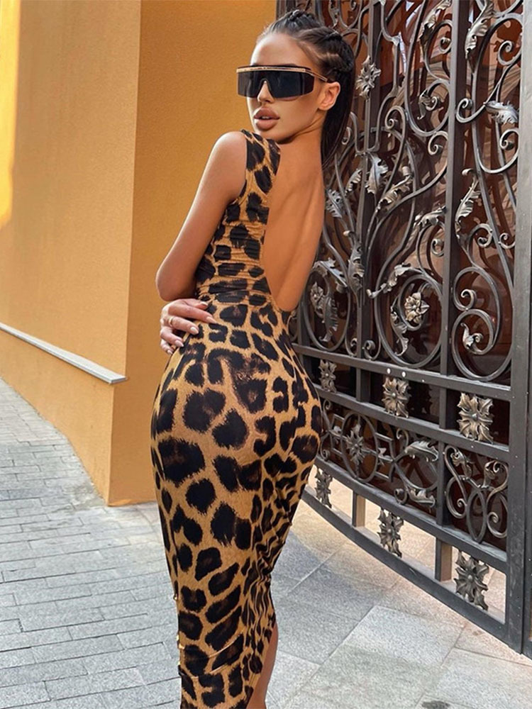 Casual Dresses Sexy Leopard Print Dress Women Fashion Backless Sheath Bodycon Prom Gown Sleeveless Female Party Dress Vestido Robe 221119