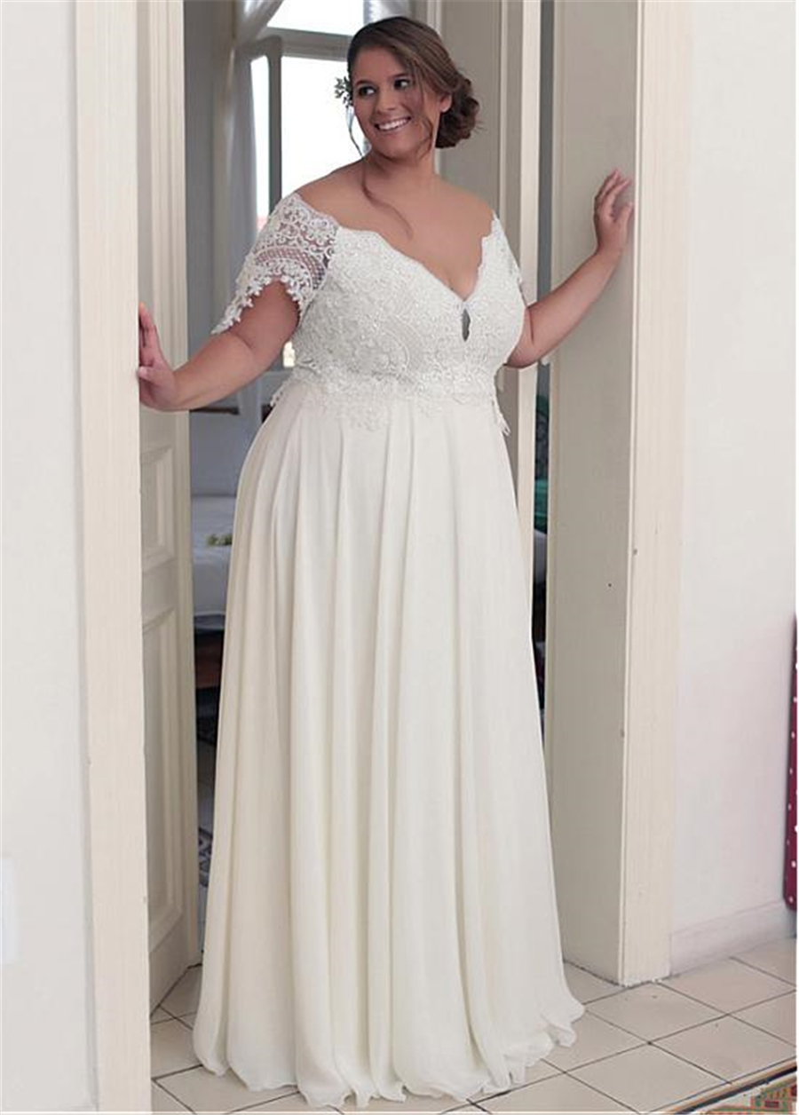 Unique Chiffon Jewel Necke A-e Plus Size Wedding Dresses With Beaded Lace Appliques Short Sleeves Bridal Gown