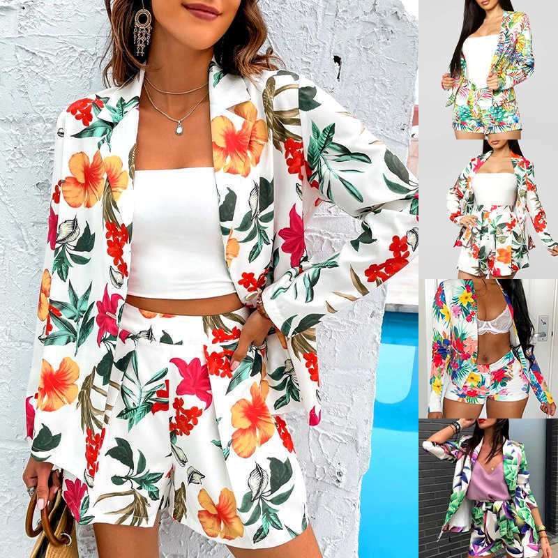 Womens Two Piece Pants Summer Two Piece Sets Women Fashion Slim Floral Print Jacket Suit and Shorts Sets Ladies Office Work 2 Piece Suit Outfits T2210