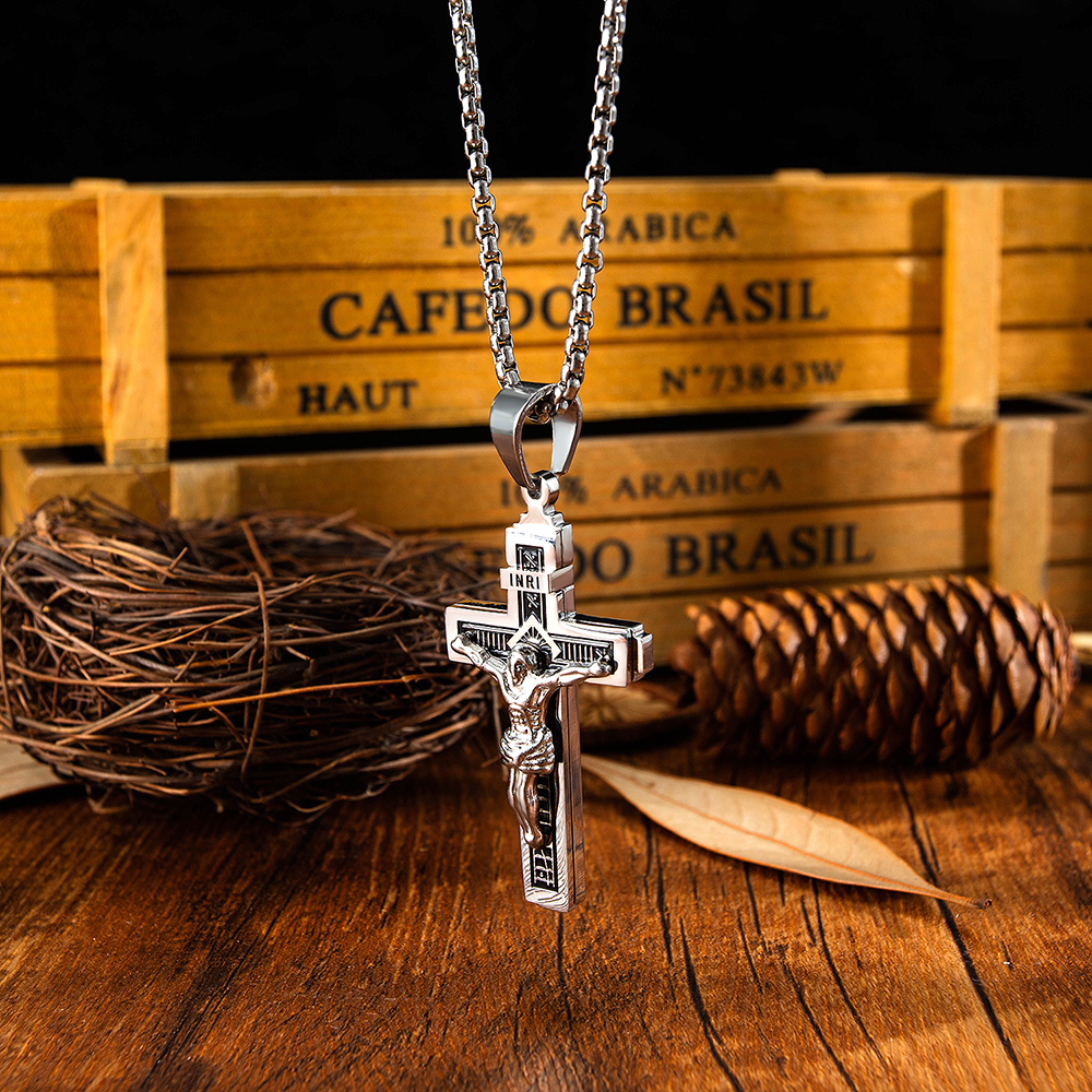 Jesus Cross Pendant Necklace Gold/Black Gun Plated Stainless Steel Fashion Religious Jewelry for Women Men