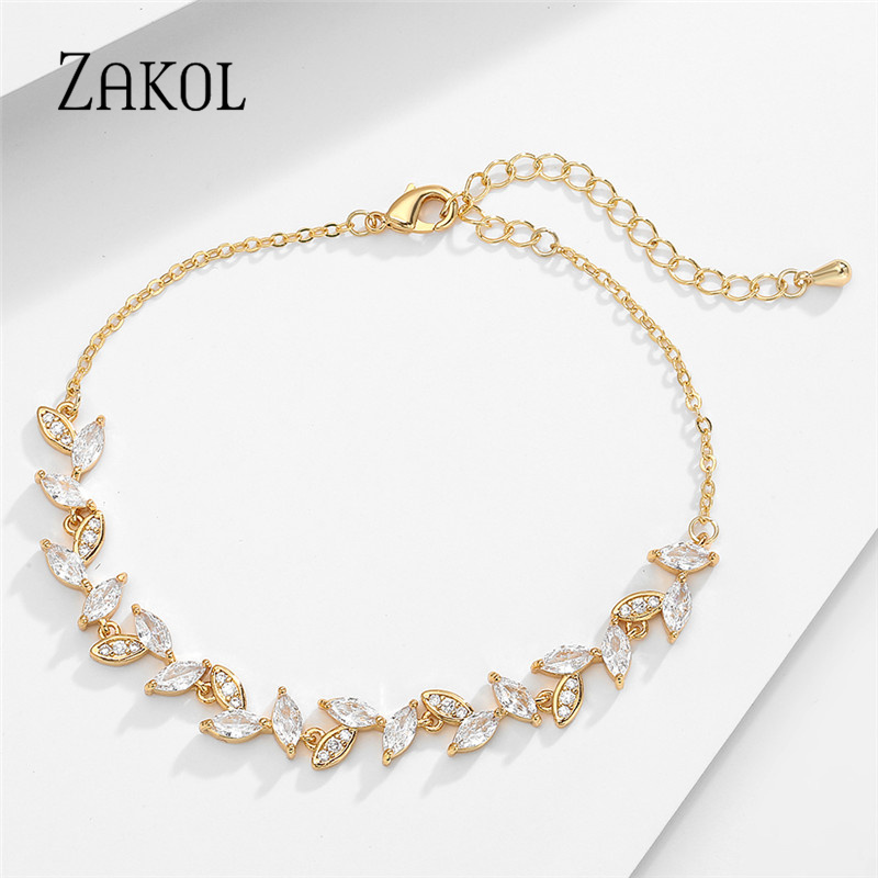 Marquise Cut Cubic Zirconia Bracelets for Women Fashion Sliver Color CZ Leaf Bridal Wedding Party Jewelry