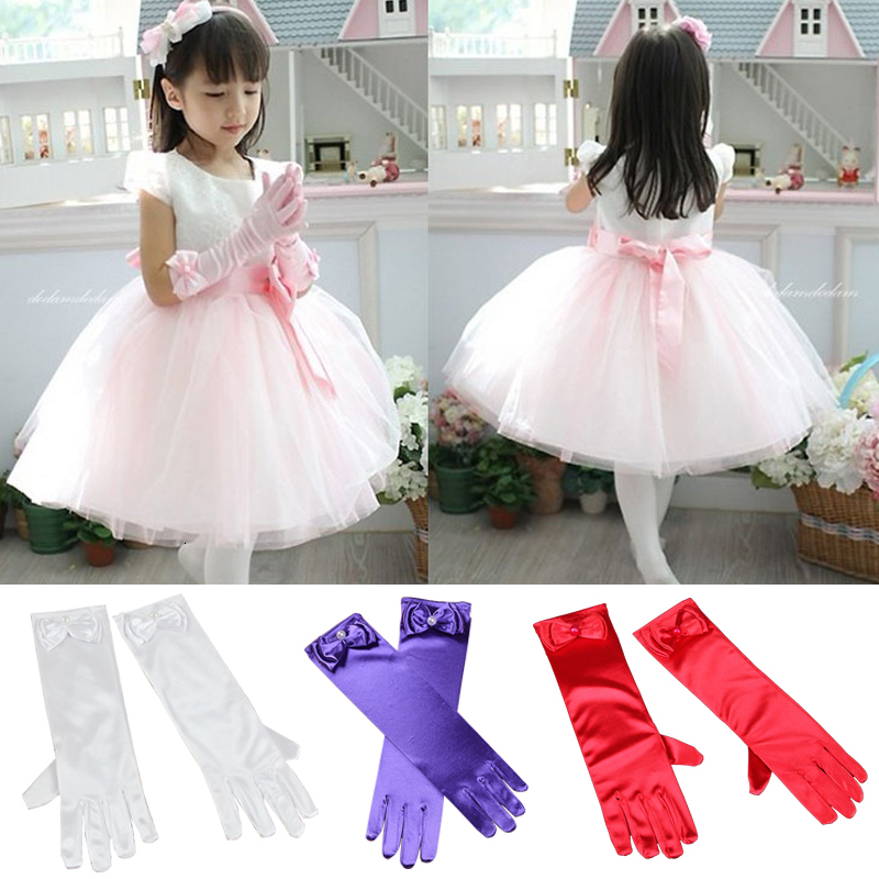 Children s Finger Gloves Long Satin For Flower Girls White Charm Birthday Party Kids 221118