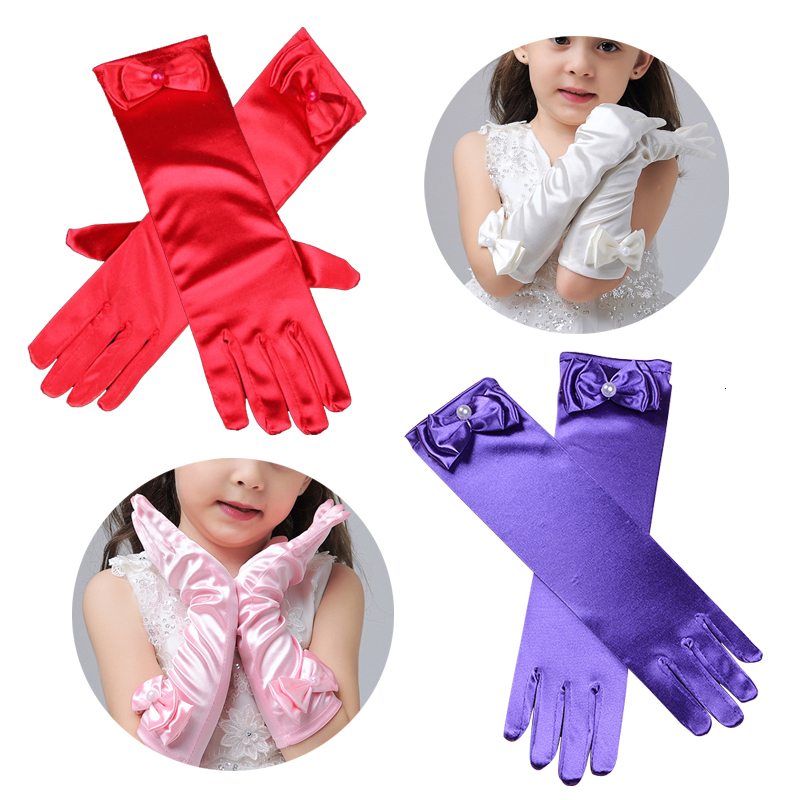 Children s Finger Gloves Long Satin For Flower Girls White Charm Birthday Party Kids 221118