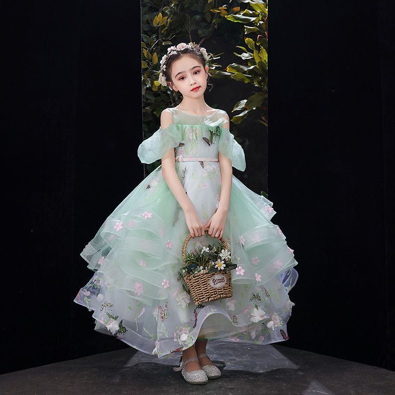 Flower Girl Dresses Western Garden Weddings Sheer Cap Sleeve Appliqued With Lace-Up Back Toddler Kids Tutu Birthday Dress 403