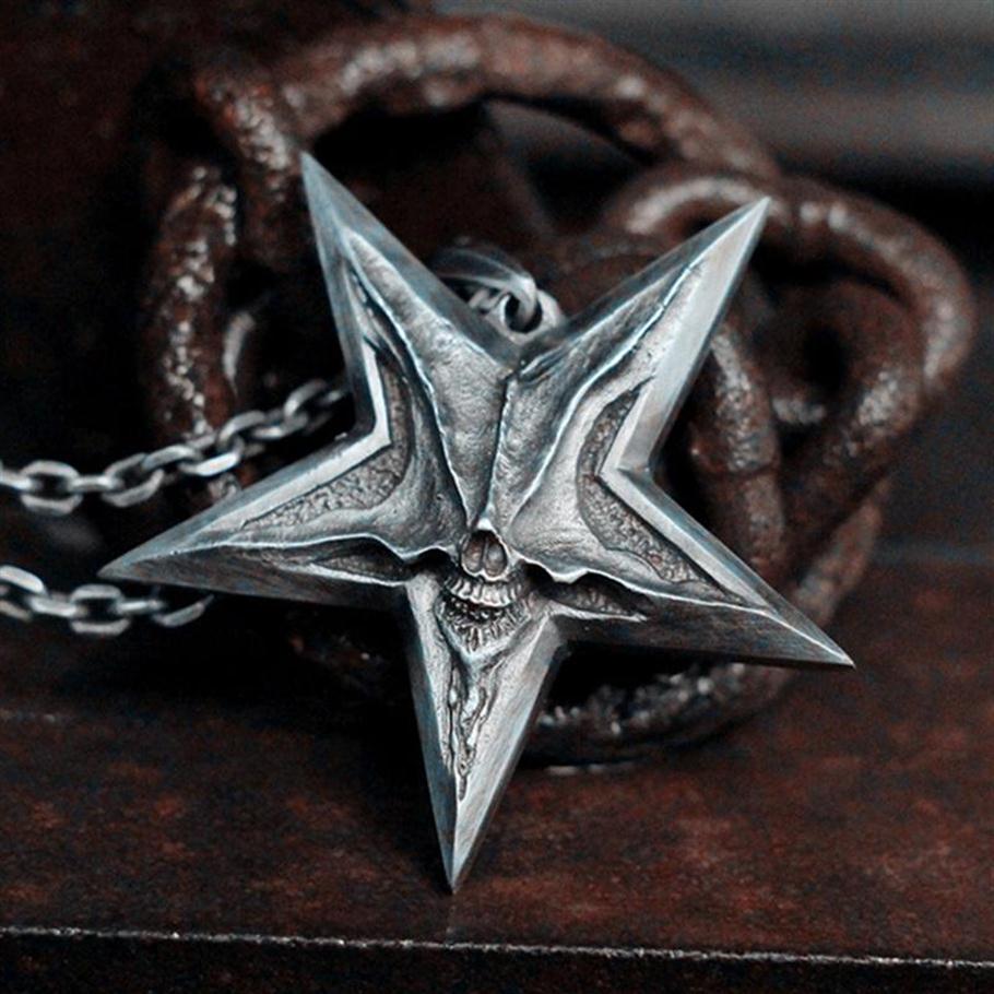 Vintage Mens Satanic Inverted Pentagram Skull Pendant Necklace For Men Punk Demon Chaos Star Baphomet Jewelry Necklaces284K