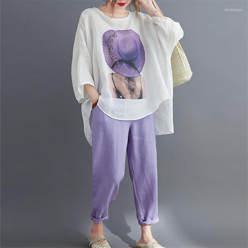 Women's Two Piece Pants 50-85KG Suit Loose Fashion Women Round Neck Irregular Printing T-Shirt Elastic Waist Solid Nine-Point Casual, Two-piece purple
Women's Two Piece Pants 50-85KG Suit Loose Fashion Women Round Neck Irregular Printing T-Shirt Elastic Waist Solid Nine-Point Casual, Two-piece purple