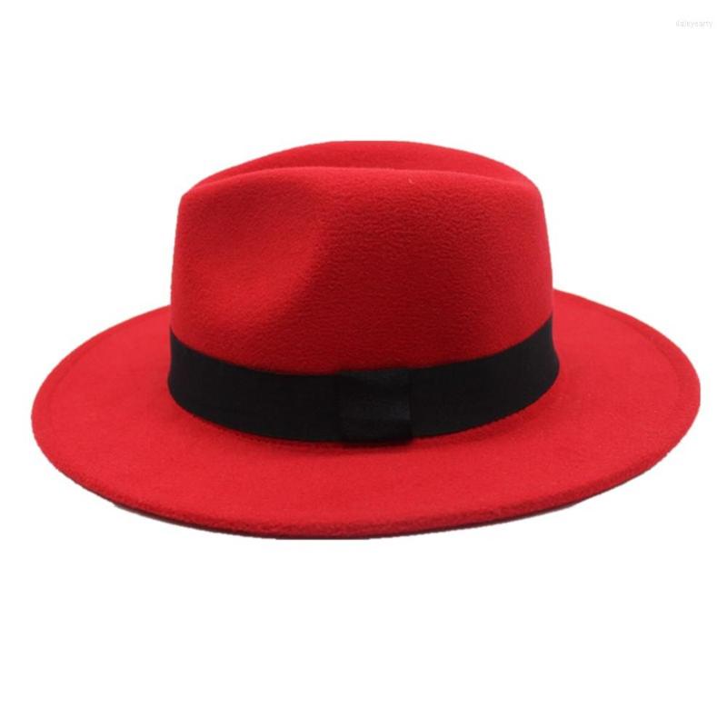 Berets 2022 High-end Fashion Men Women Fedora Hat With Black Cloth Belt Adult Panama Wool Trilby Size 56-58CM, Red