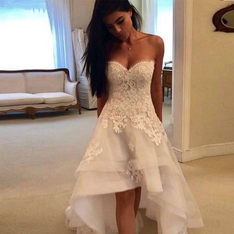 White Appliques Hi Low Dresses Sweetheart Lace Up Front Short Long Back Wedding Gowns robe de mariee