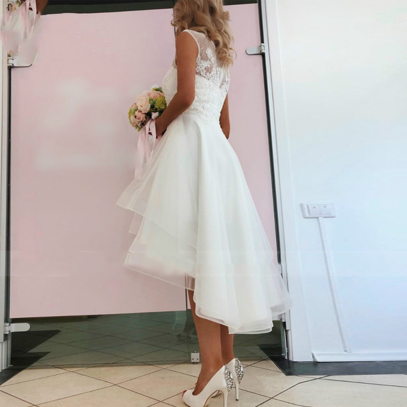 Sexy Vestido De Noiva Simple Lace Short Wedding Dress Boho High Front Low Back Beach Bridal Gown Beaded Appliques Organza