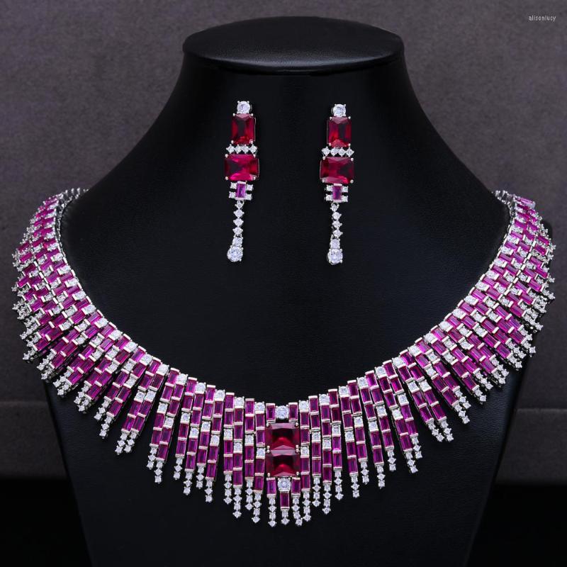 Necklace Earrings Set SisCathy Trendy Dubai Wedding Cubic Zirconia CZ Tassel Dangle Drop Fashion 2022, Picture shown