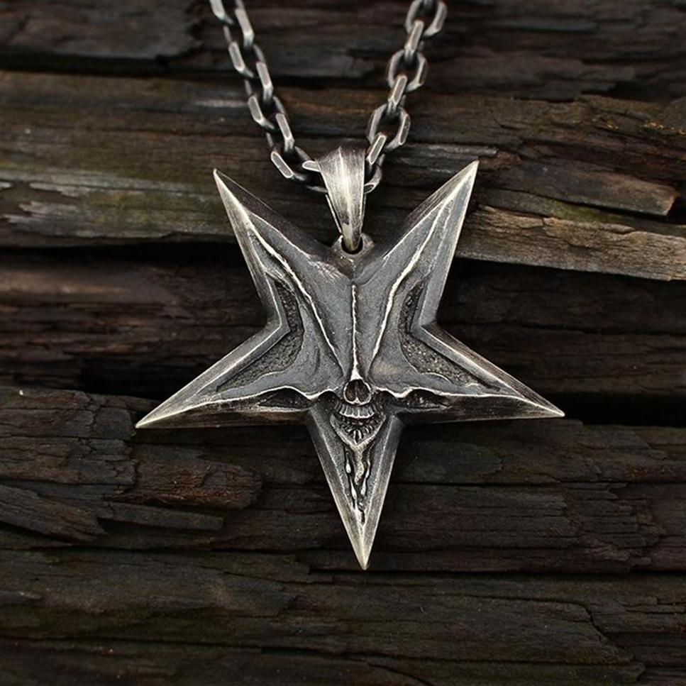 Vintage Mens Satanic Inverted Pentagram Skull Pendant Necklace For Men Punk Demon Chaos Star Baphomet Jewelry Necklaces284K