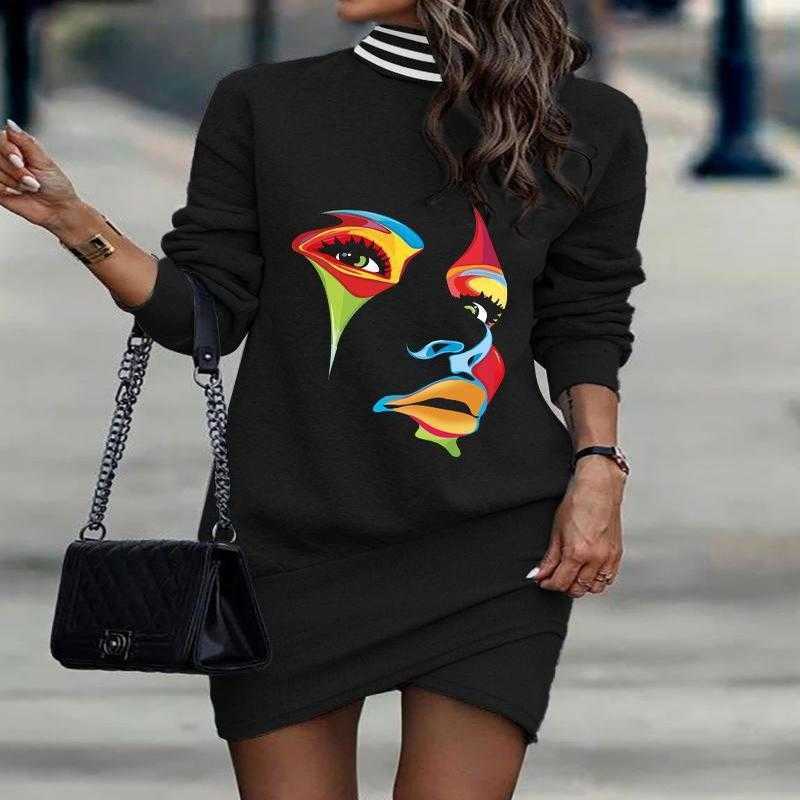 Dresses Retail 2025 Designer Women Dresses Long Sleeve High Collar Fall And Winter Printed Irregular Dress Plus Size Woman Clothing Outfits 3Xl
