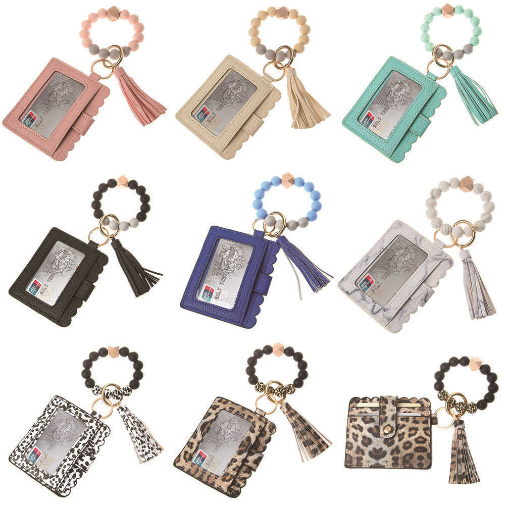 Handmade Jewelry Wholesale Silicone Bead Bracelet Card Holder Wooden Bead Wrist Keychain Pendant Anti-Lost Tassel Bracelet Key Ring