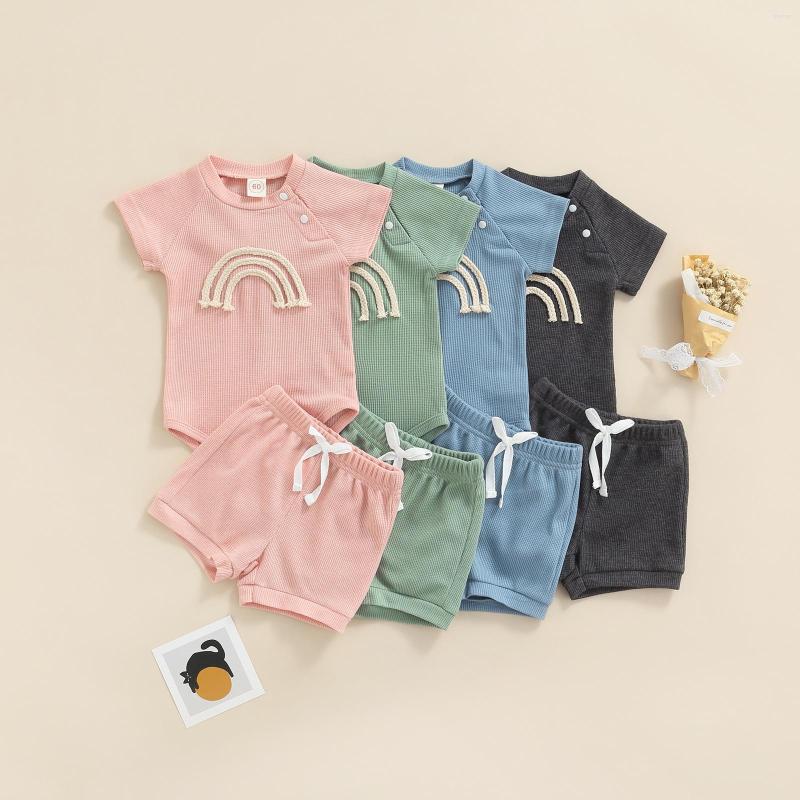 Clothing Sets Baby Girls Boys Outfit Sweet Style Rainbow Pattern Short Sleeve Round Collar Shoulder Buckle Romper Solid Color Shorts Set
Clothing Sets Baby Girls Boys Outfit Sweet Style Rainbow Pattern Short Sleeve Round Collar Shoulder Buckle Romper Solid Color Shorts Set