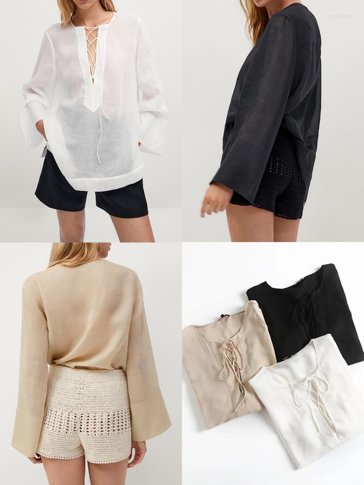 Women' Blouses Women Neckline Drawstring Tie Cotton And Linen Blend Loose Long Sleeve Solid Color Shirt, Beige
Women' Blouses Women Neckline Drawstring Tie Cotton And Linen Blend Loose Long Sleeve Solid Color Shirt, Beige