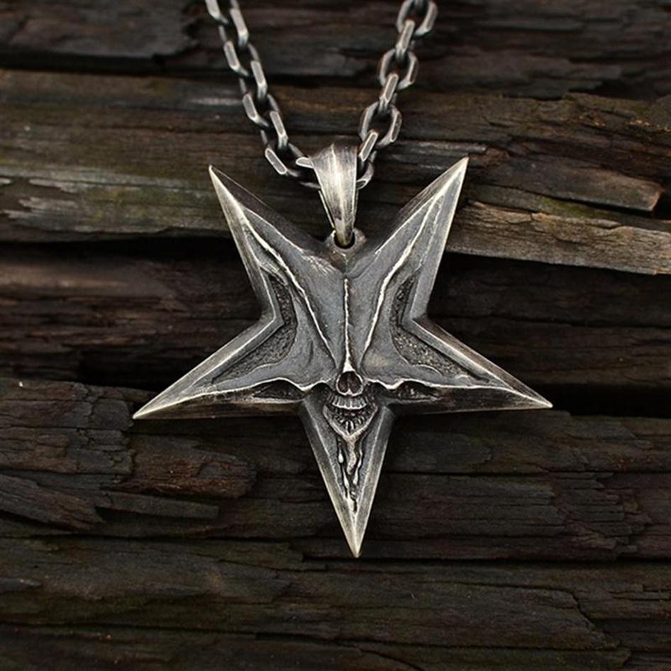Vintage Mens Satanic Inverted Pentagram Skull Pendant Necklace For Men Punk Demon Chaos Star Baphomet Jewelry Necklaces284K