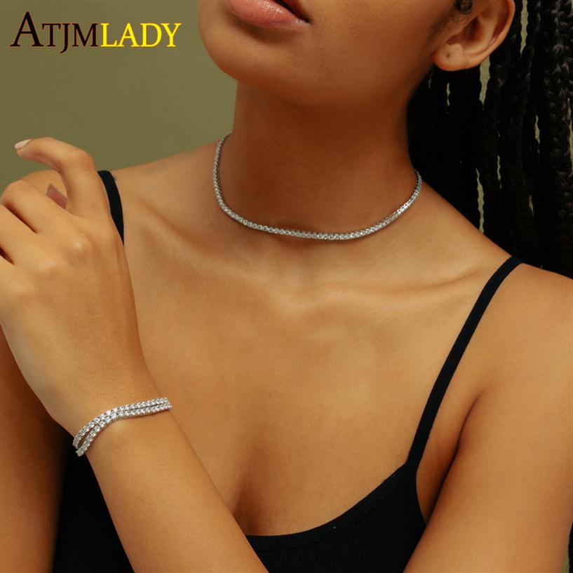 Thin m CZ 1 Row Shiny Tennis Chain Necklace HipHop Iced Out Bling Cubic Zircon Choker Jewelry Gold Color Plated For Women Men 2202
